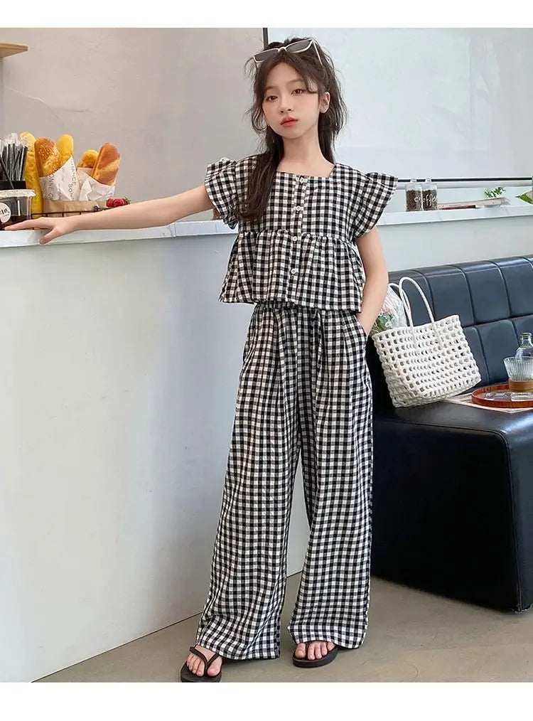 Fashion Kids Girls Clothing Sets 2025 Summer Sleeveless T-shirts + Plaid Wide Leg Pants 2PCS Children's Clothes Teen 4-14 Years