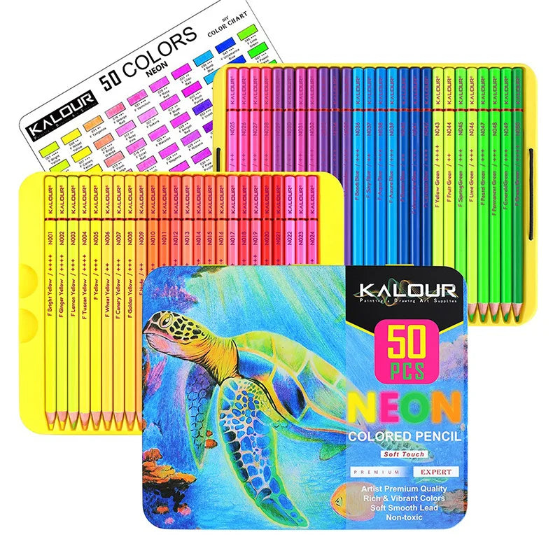 KALOUR Neon Colored Pencils Set 50pcs Fluorescent Metallic/Pastel Color Professional Drawing Art Kit for Adults Beginners Artist