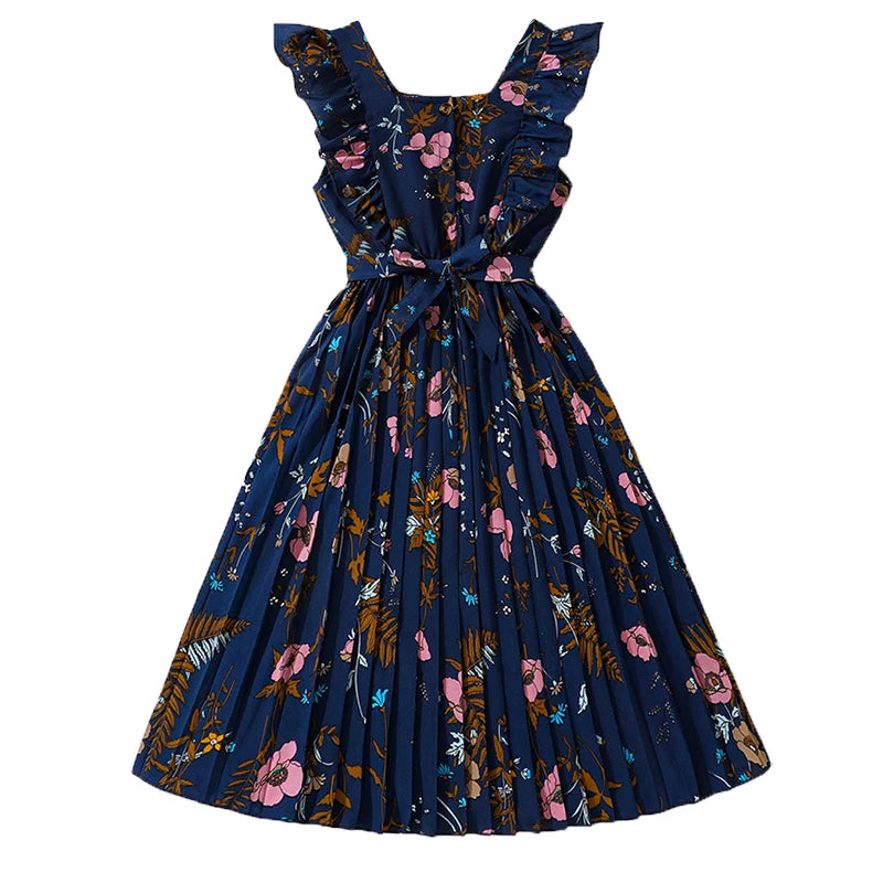 Tween Girls Summer Dress Square-Collar Sleeveless Pleated Dress Stylish Preteen Girls Dress Kids Dress