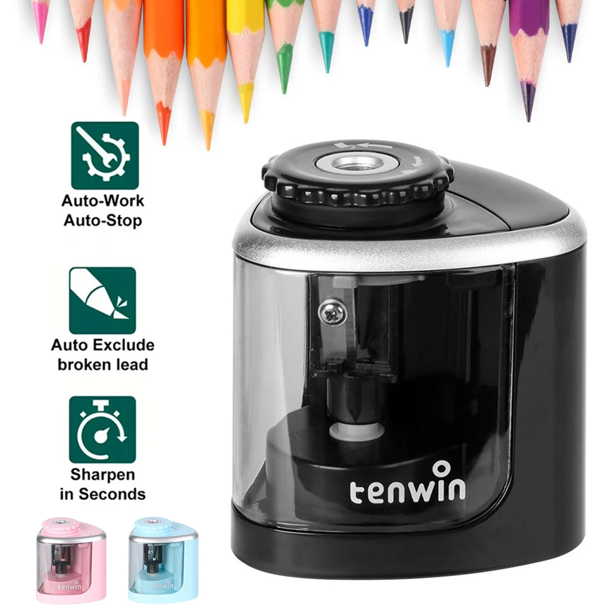 1PC Tenwin Electric Auto Pencil Sharpener Safe Student Helical Steel Blade Sharpener for Artists Kids Adults Colored Pencils