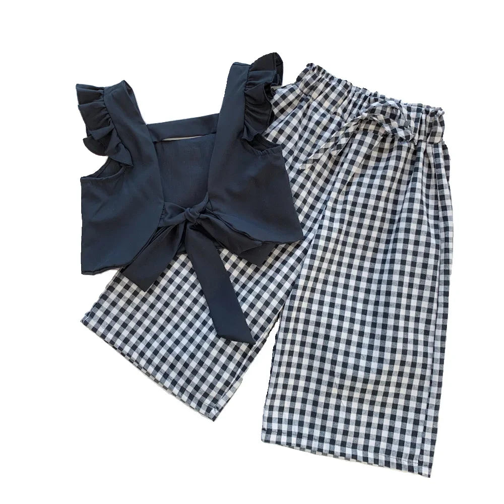 Summer Children'S Girls' Clothing Sets 2024 New Camisole Top Plus Plaid Wide-Leg Pants 2Pcs Fashion Baby Kids Clothes Suit