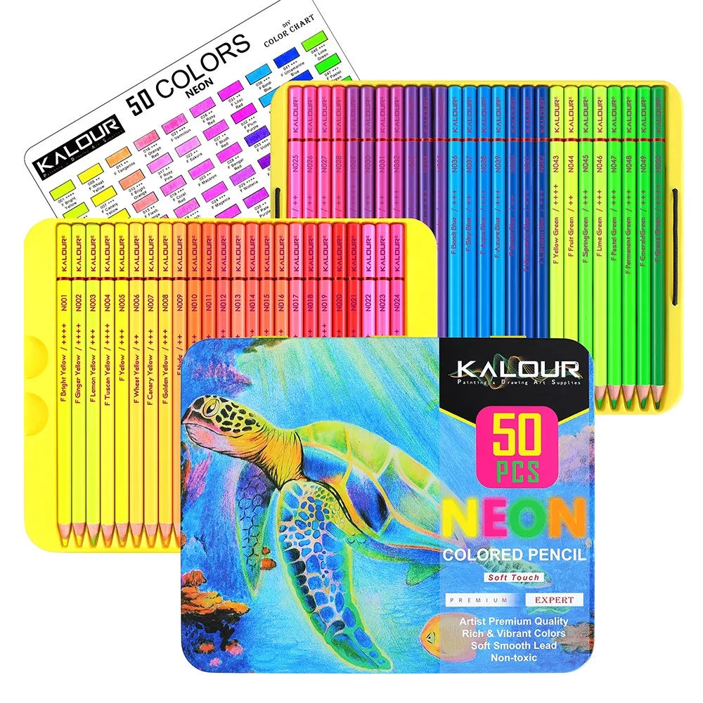 KALOUR Neon Colored Pencils Set 50pcs Fluorescent Metallic/Pastel Color Professional Drawing Art Kit for Adults Beginners Artist