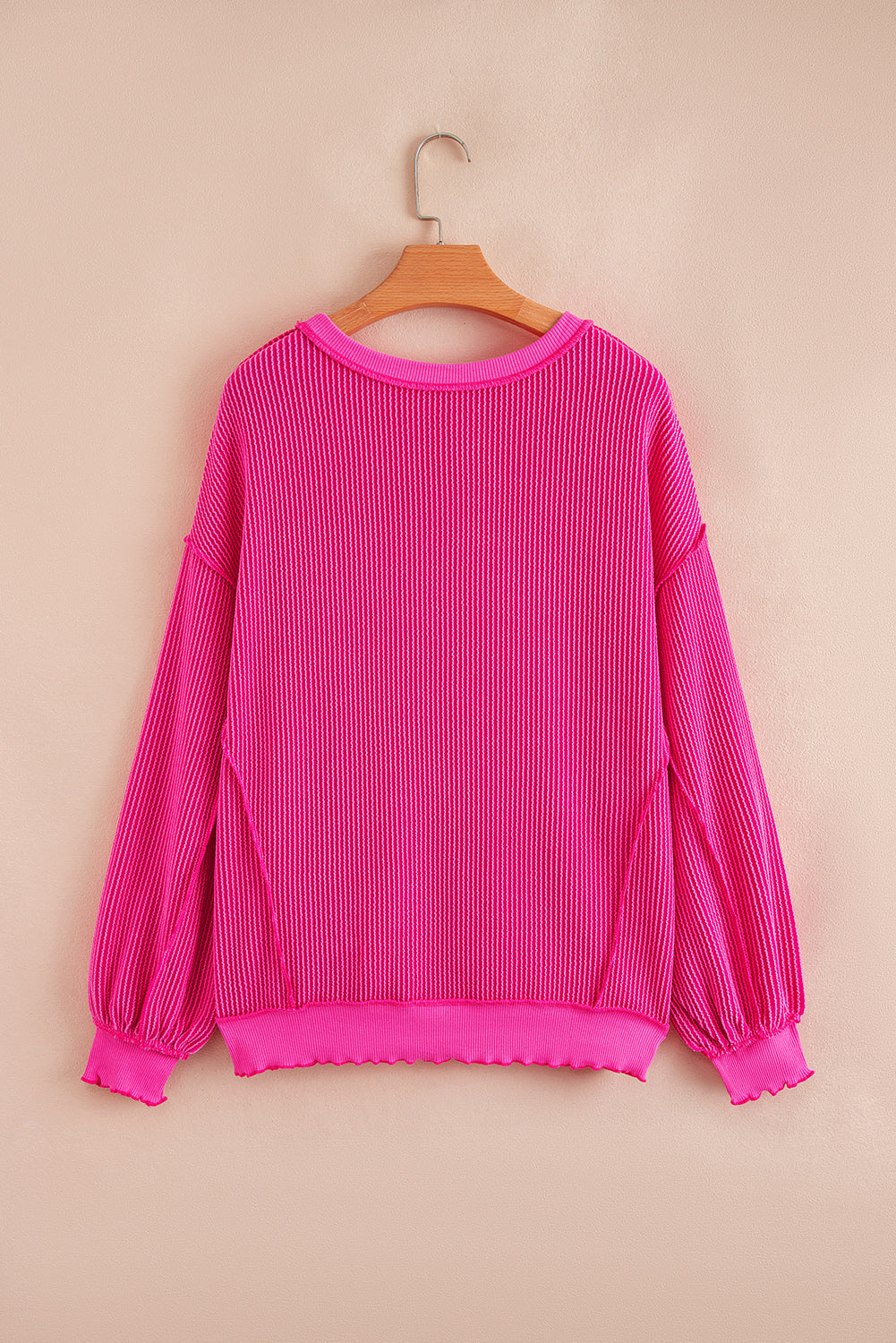 Strawberry Pink Twisted Ribbed Seamed Patchwork Long Sleeve Top