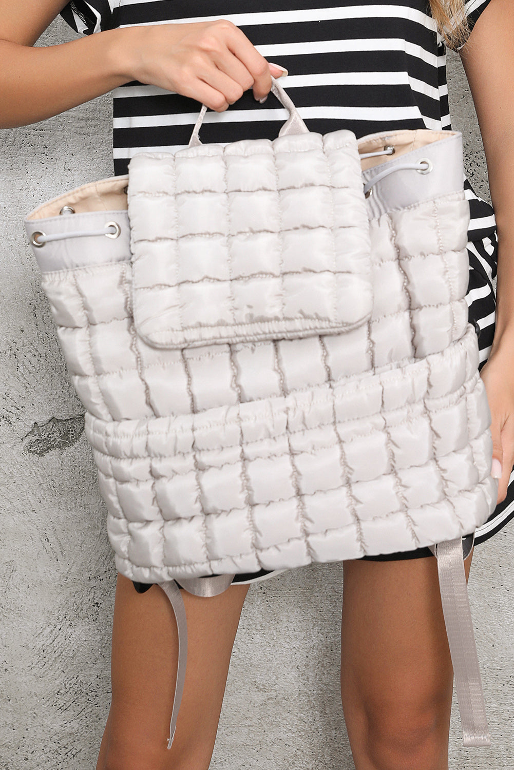 Medium Grey Solid Flapped Quilted Puffer Backpack