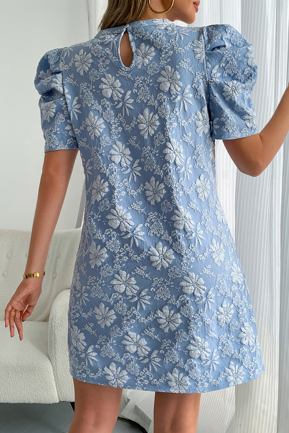 Sky Blue Floal Jacquard Elegant Mini Dress
