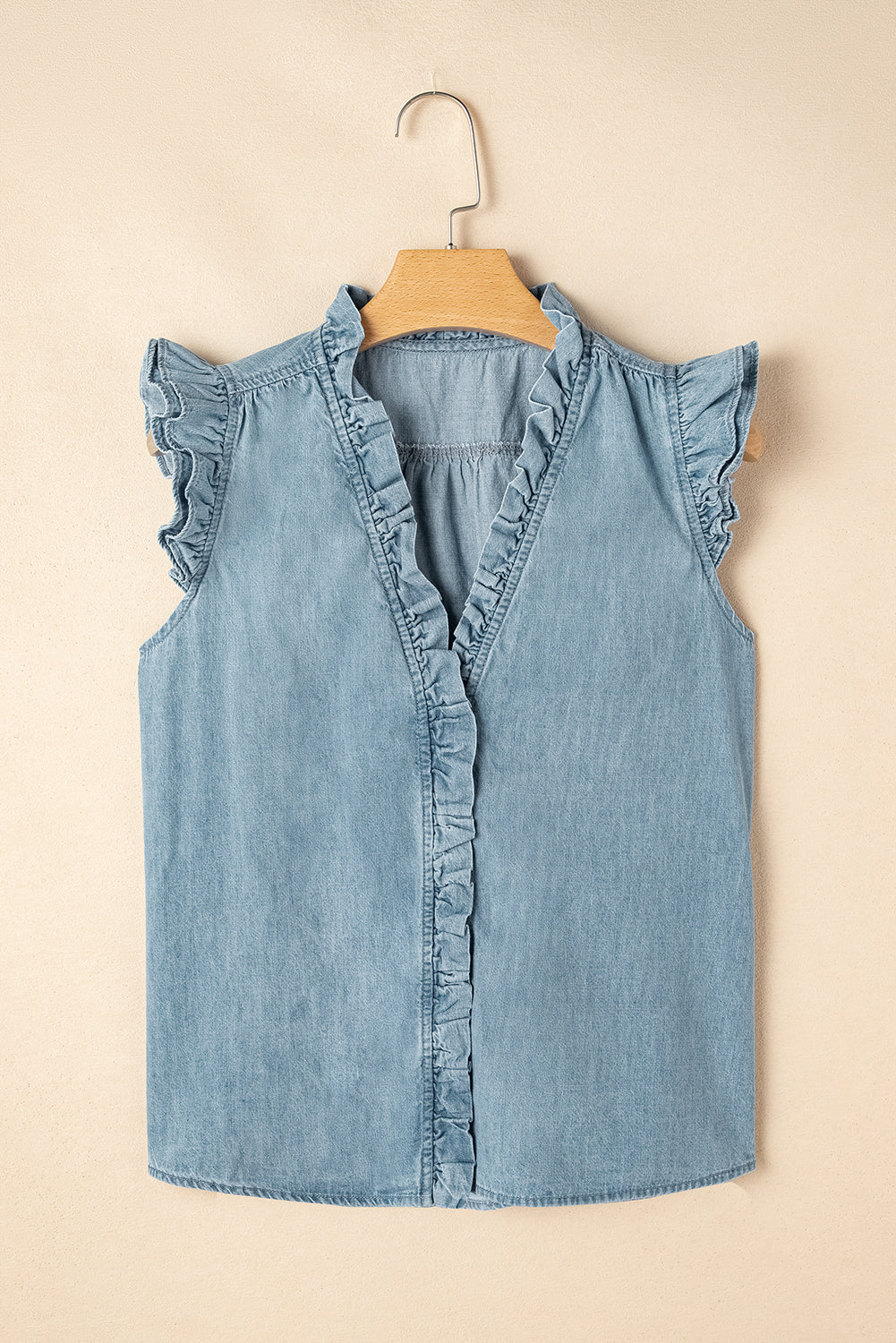 Beau Blue Frilly Ruffle Trim V Neck Chambray Tank Top