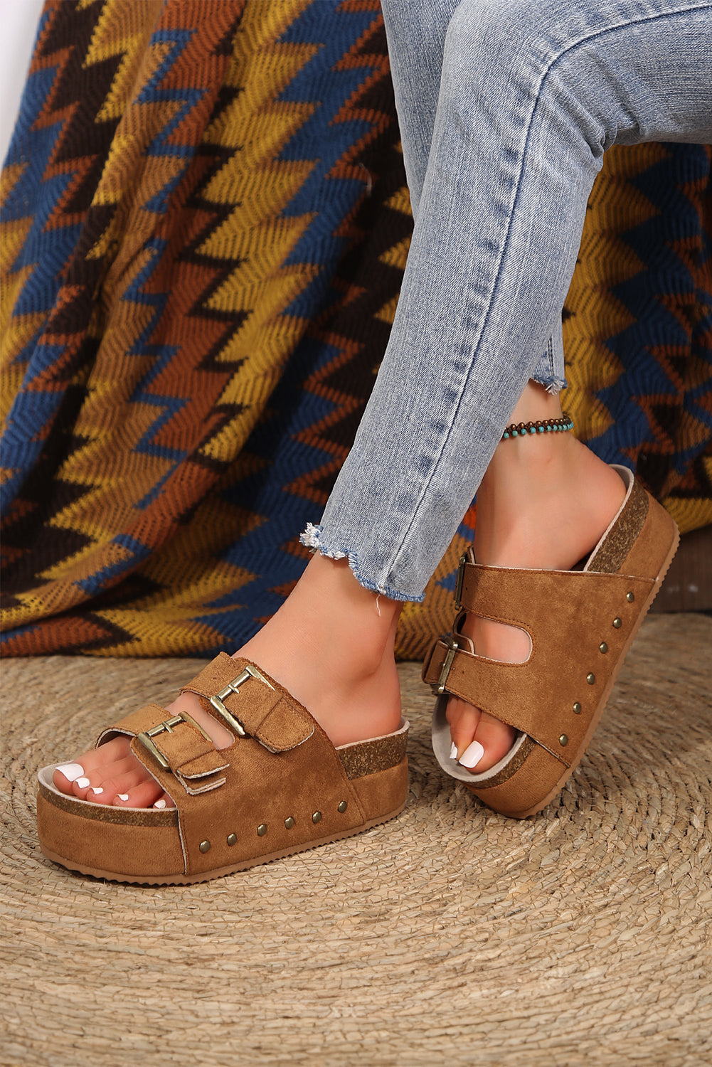Chestnut Suede Buckle Corky Platform Slides Shoes