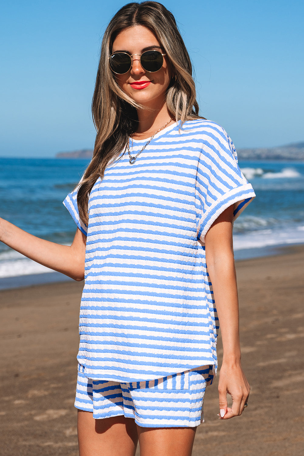 Sky Blue Stripe Knitted Short Sleeve Top and Drawstring Shorts Set