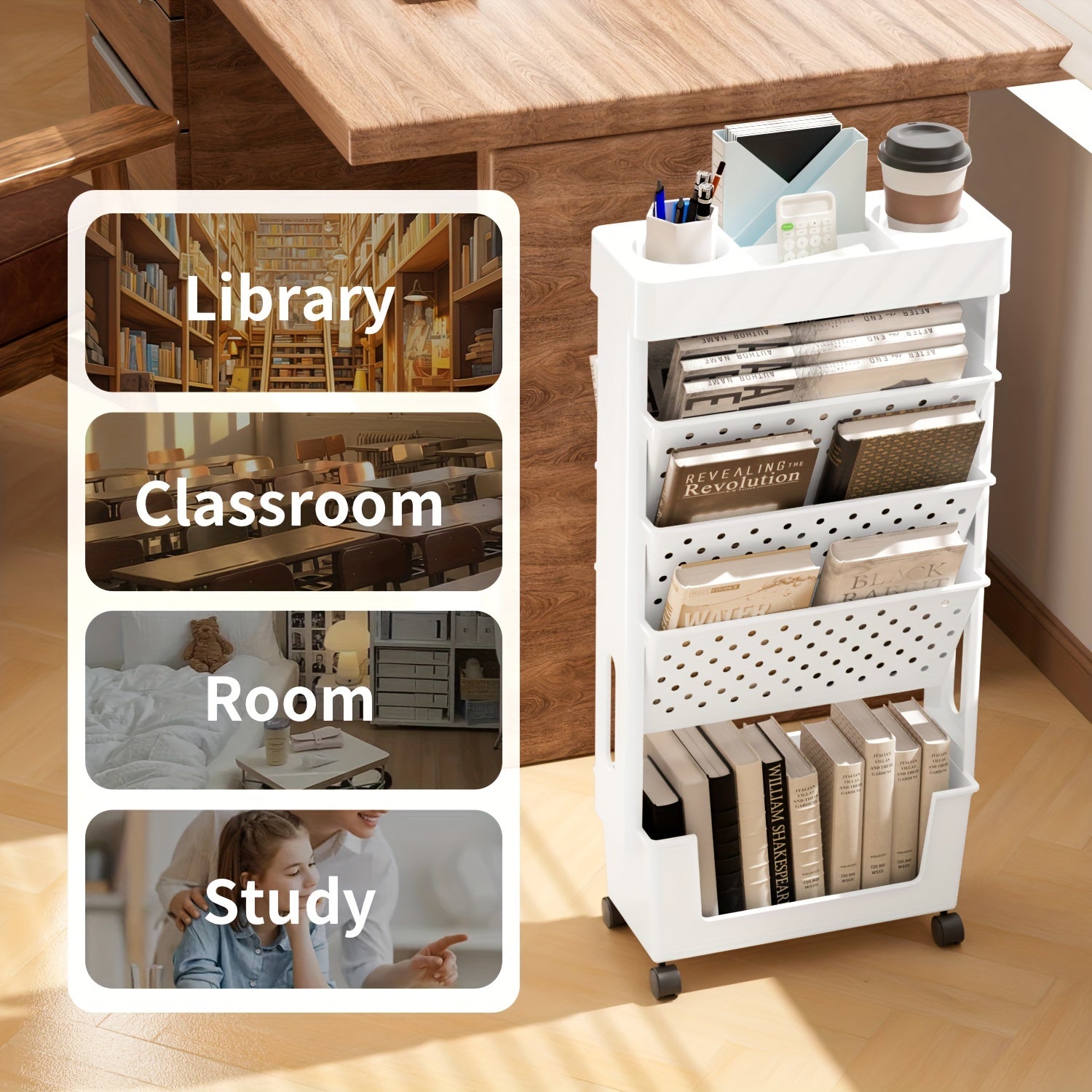 5-Tier Removable Book Storage Rack - Wheels, Magazine & Newspaper Storage - Suitable For School, Classroom, Office, Study, Bedroom, Living Room