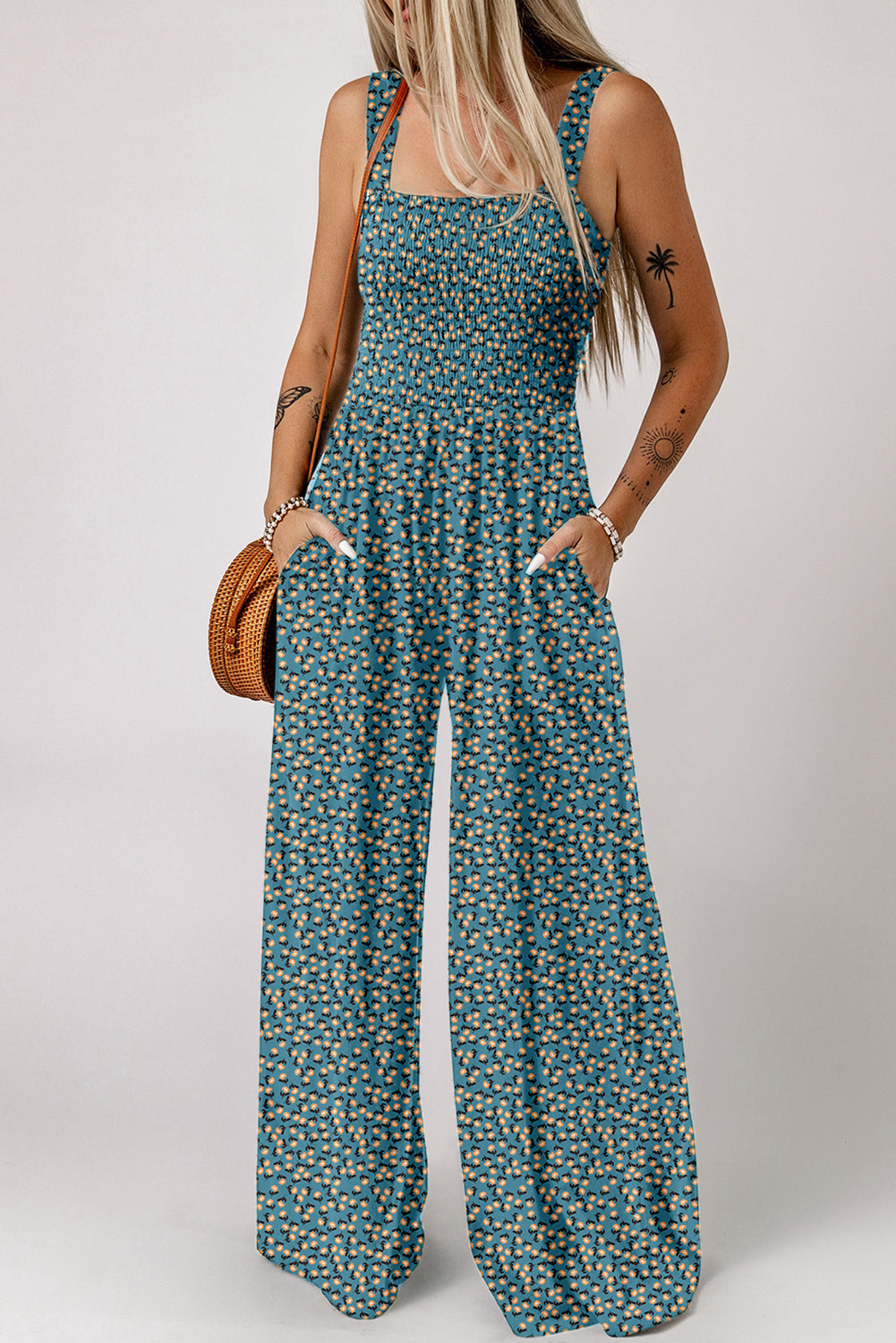 Green Floral Square Neckline Stretch High Waist Jumpsuit