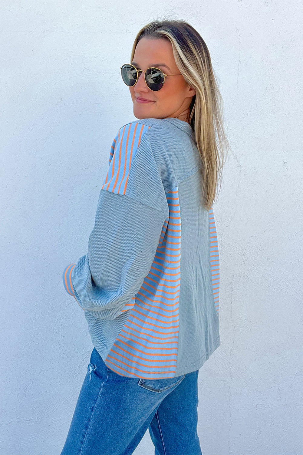 Dusk Blue Exposed Seam Waffle Striped Patchwork Baggy Pullover