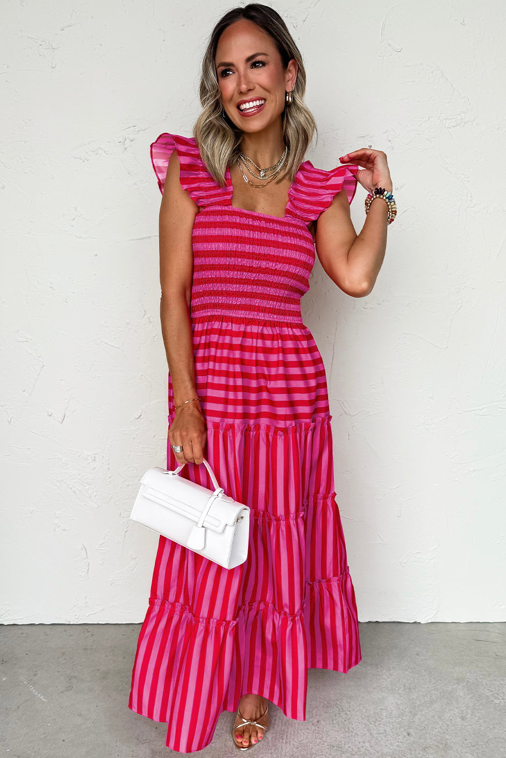 Rose Stripe Ruffle Strap Shirred Bodice Tiered Maxi Dress