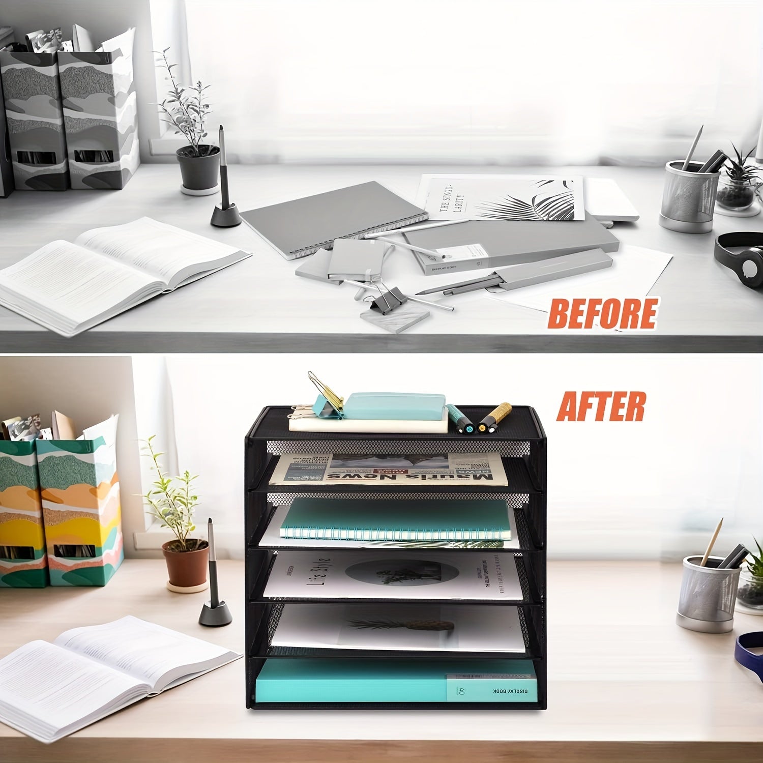 6-Tier Large Capacity Mesh Desk Organizer - File Sorters with Paper Letter Folder Holder, Desktop Paper Sorter, Mail Organization Rack, and Storage Accessories for Office, Home, School, and Classroom, in Black Color