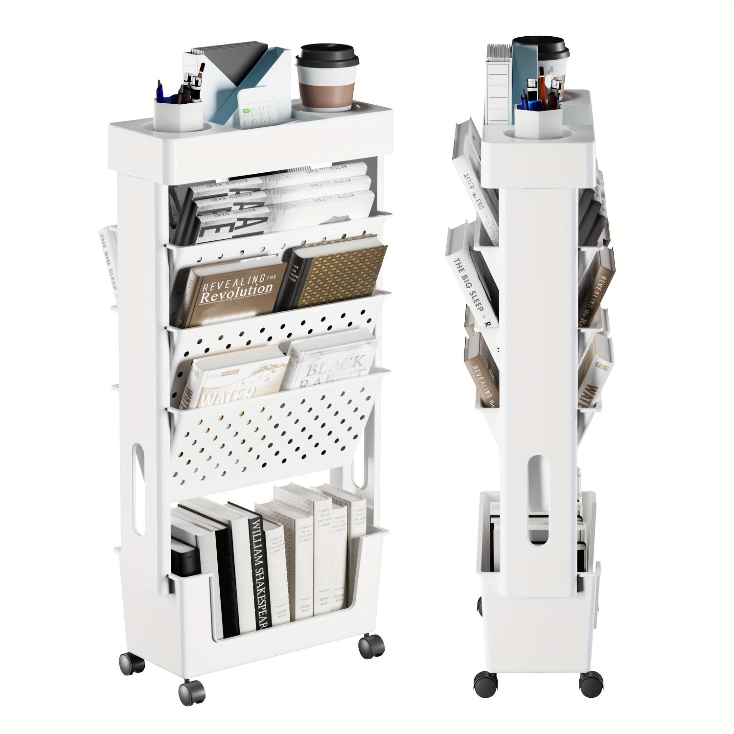 5-Tier Removable Book Storage Rack - Wheels, Magazine & Newspaper Storage - Suitable For School, Classroom, Office, Study, Bedroom, Living Room