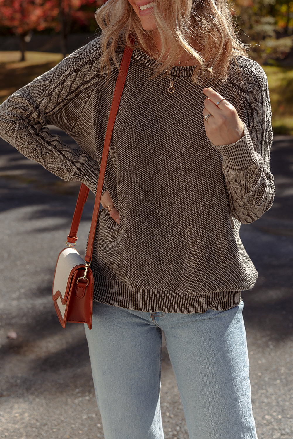 Dark Brown Cable Knit Raglan Sleeve Casual Sweater