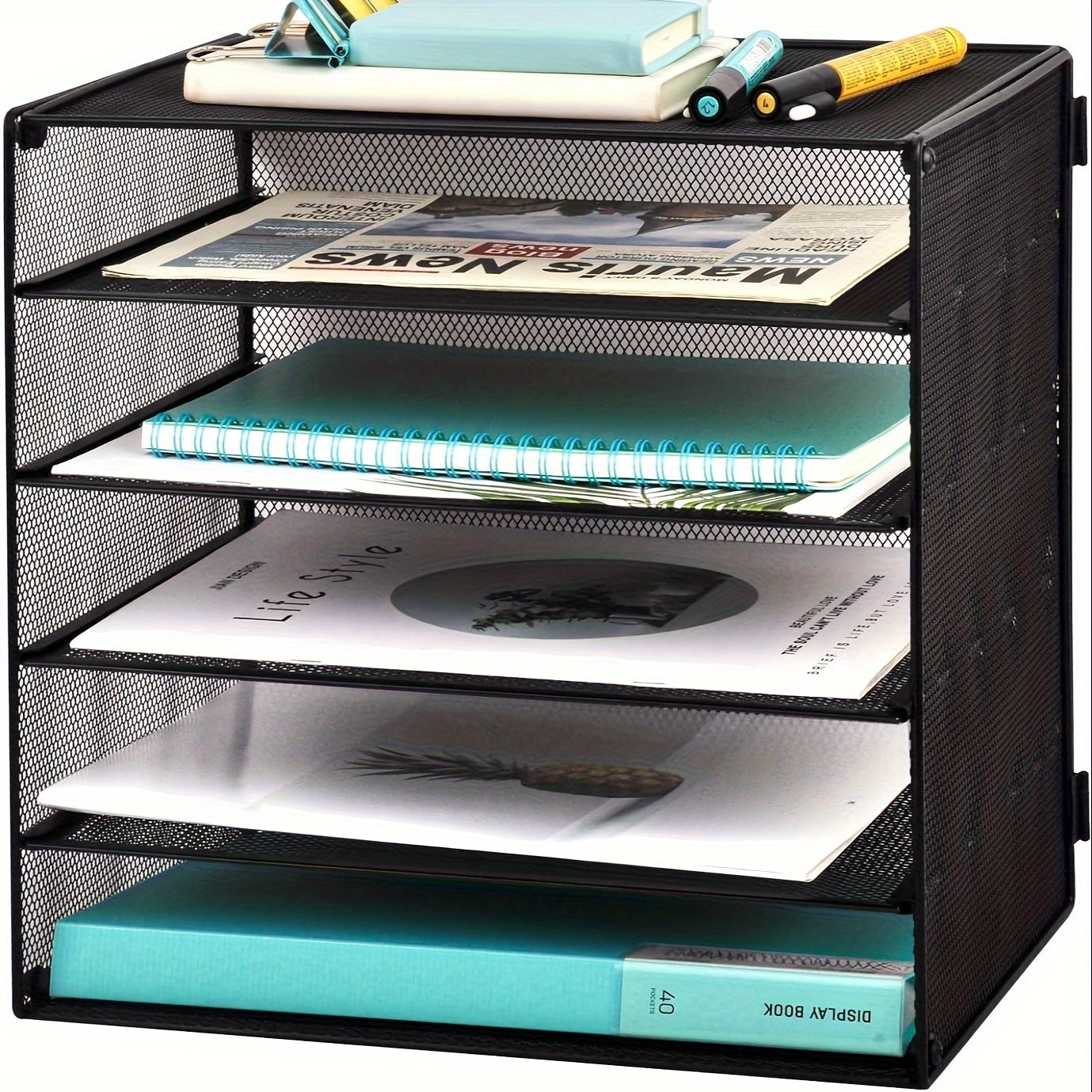 6-Tier Large Capacity Mesh Desk Organizer - File Sorters with Paper Letter Folder Holder, Desktop Paper Sorter, Mail Organization Rack, and Storage Accessories for Office, Home, School, and Classroom, in Black Color