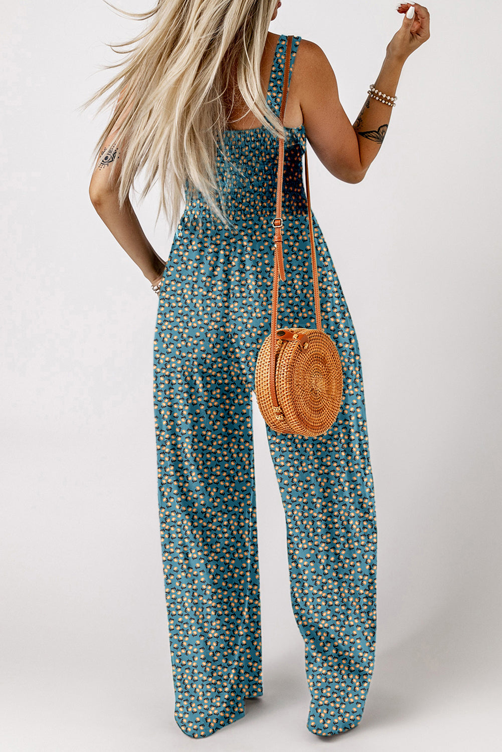 Green Floral Square Neckline Stretch High Waist Jumpsuit