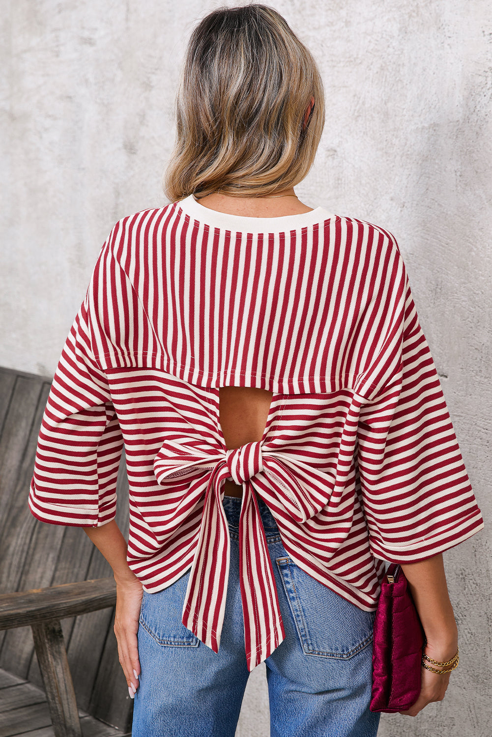 Red Striped Bowknot Backless T-Shirt