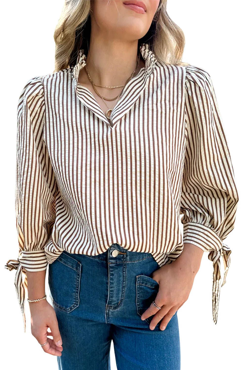 Straw Yellow Striped Frill V Neck Knot Bracelet Sleeve Blouse