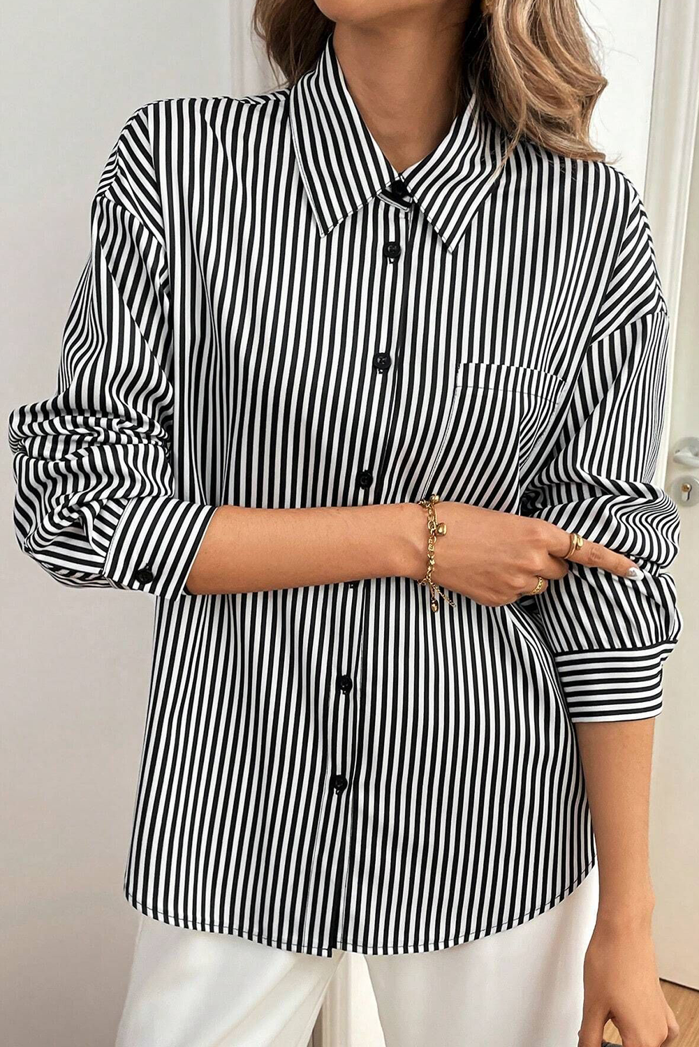 Black White Striped Button Down Bow Back Long Sleeve Shirt