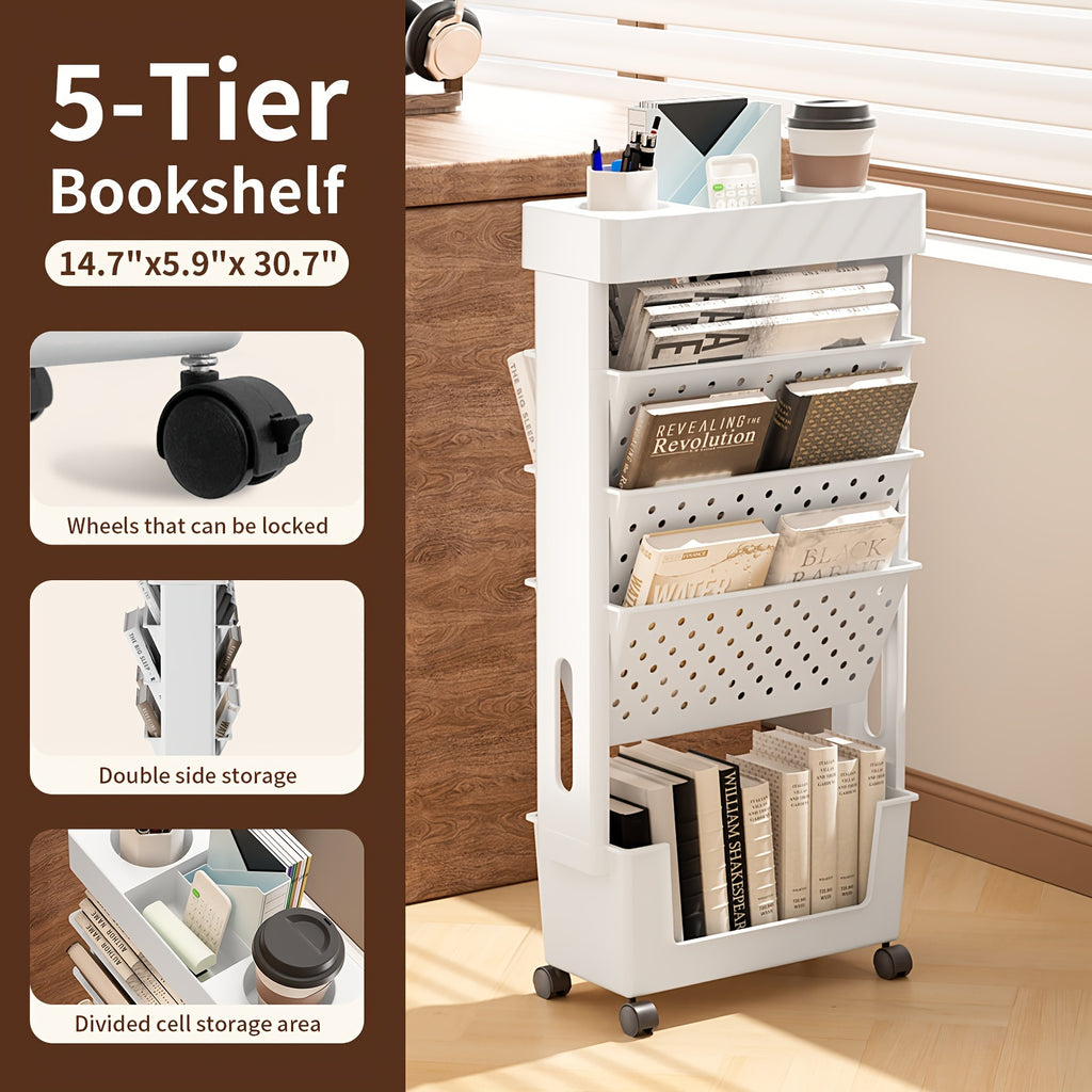 5-Tier Removable Book Storage Rack - Wheels, Magazine & Newspaper Storage - Suitable For School, Classroom, Office, Study, Bedroom, Living Room