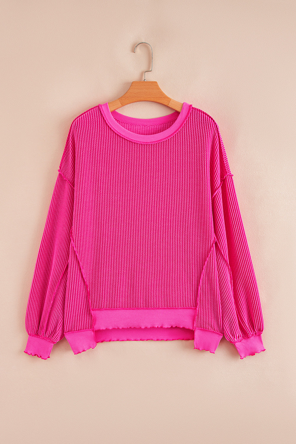 Strawberry Pink Twisted Ribbed Seamed Patchwork Long Sleeve Top