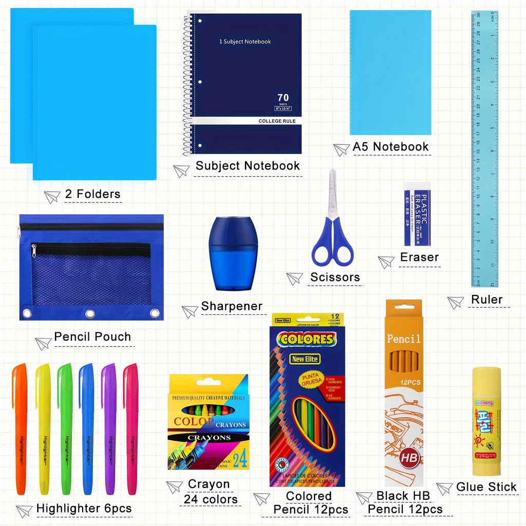 Back To School Supplies For Kids, Clear Backpack With 65 Piece School Supply Kit For Grades K-5 Boys And Girls, Bulk School Stationery Set For Classroom Elementary, Middle School Students (blue)