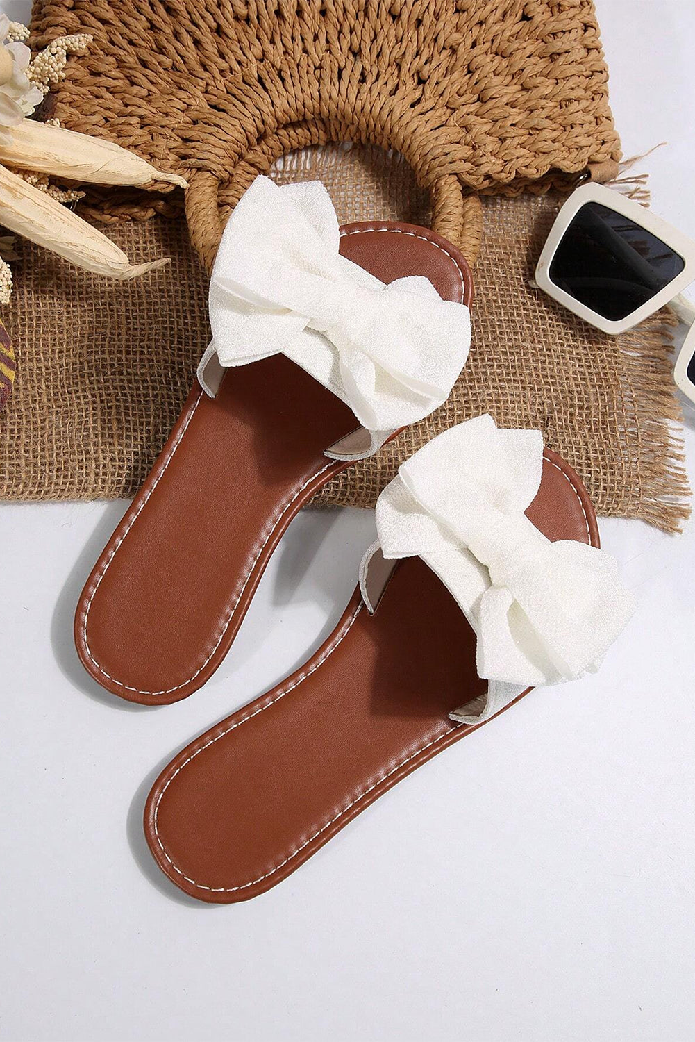 White Bow Decor Flat Slippers