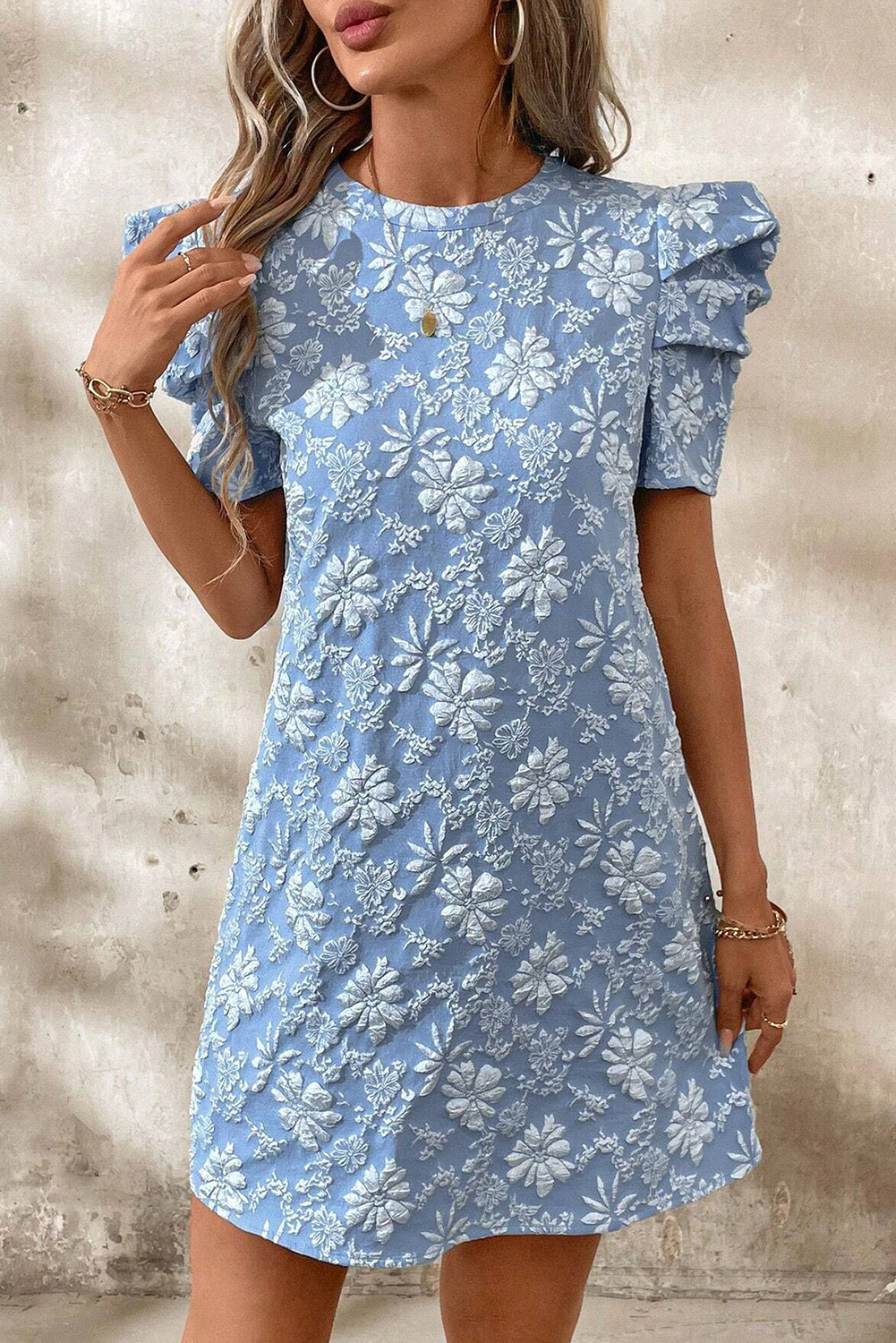 Sky Blue Floal Jacquard Elegant Mini Dress