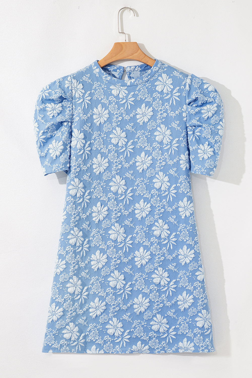 Sky Blue Floal Jacquard Elegant Mini Dress