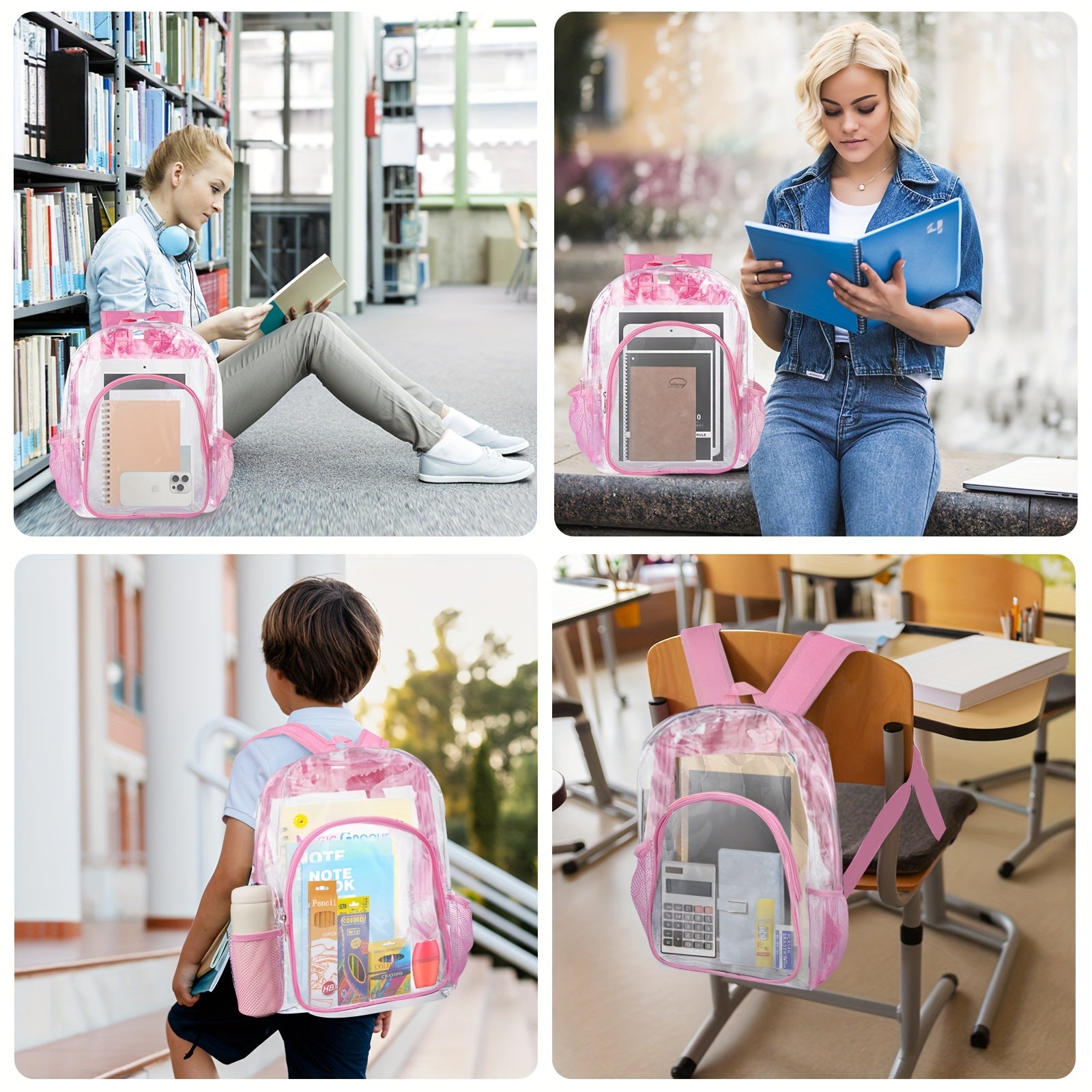 Back To School Supplies For Kids, Clear Backpack With 65 Piece School Supply Kit For Grades K-5 Boys And Girls, Bulk School Stationery Set For Classroom Elementary, Middle School Students (Pink)