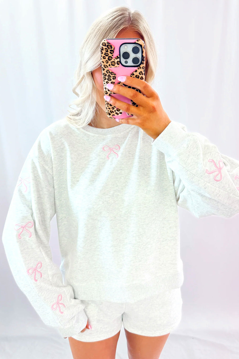 Light Grey Bow Embroidery Long Sleeve Pullover and High Waist Shorts Set