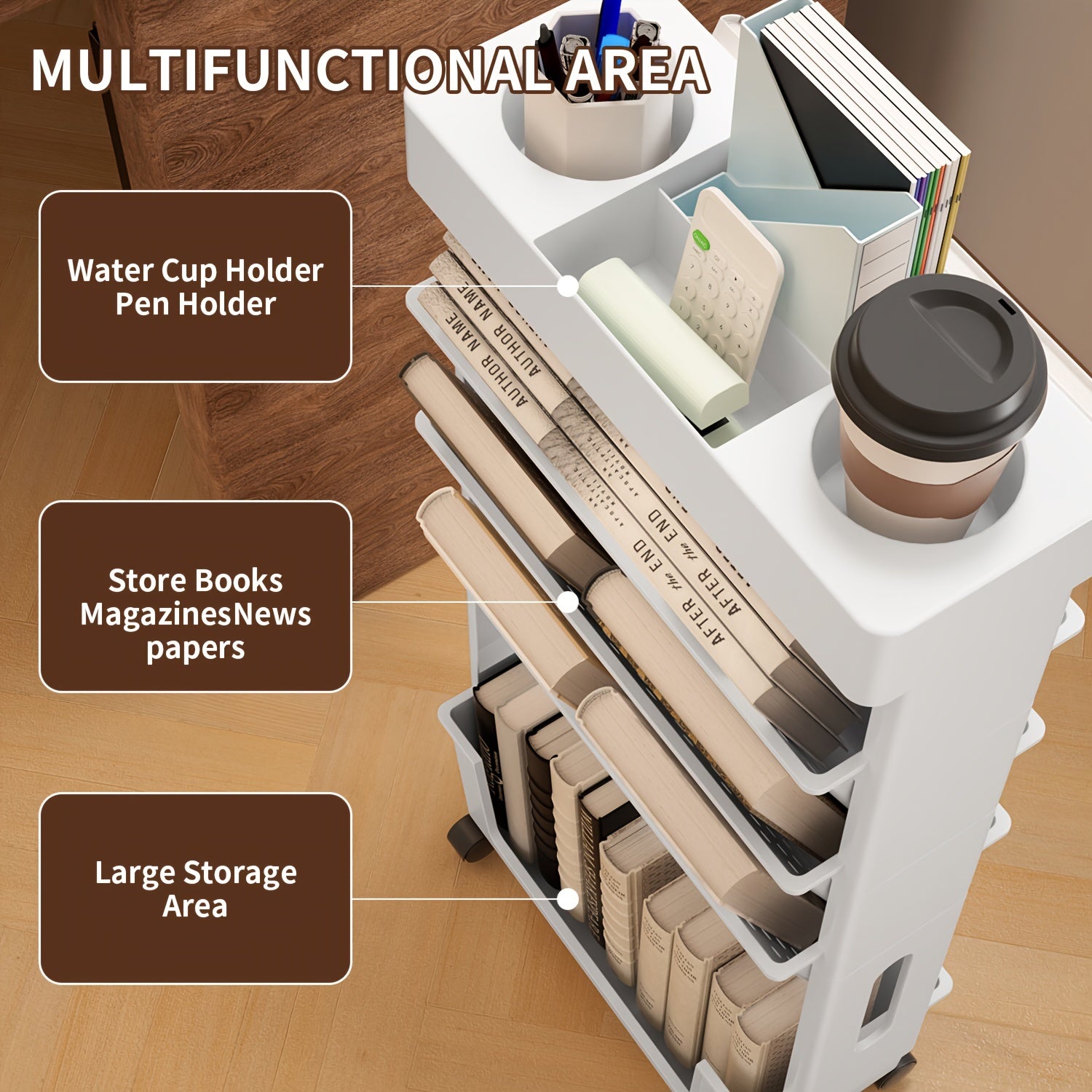 5-Tier Removable Book Storage Rack - Wheels, Magazine & Newspaper Storage - Suitable For School, Classroom, Office, Study, Bedroom, Living Room