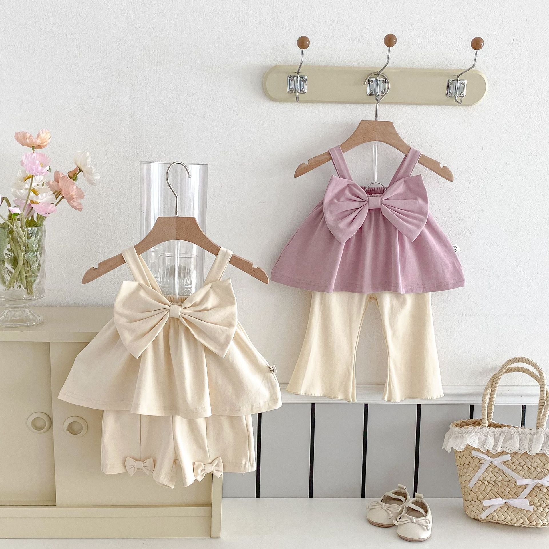 Summer Baby Kids Cute Solid Color Sleeveless Top Vest with Trousers Clothing Set for Girls-0