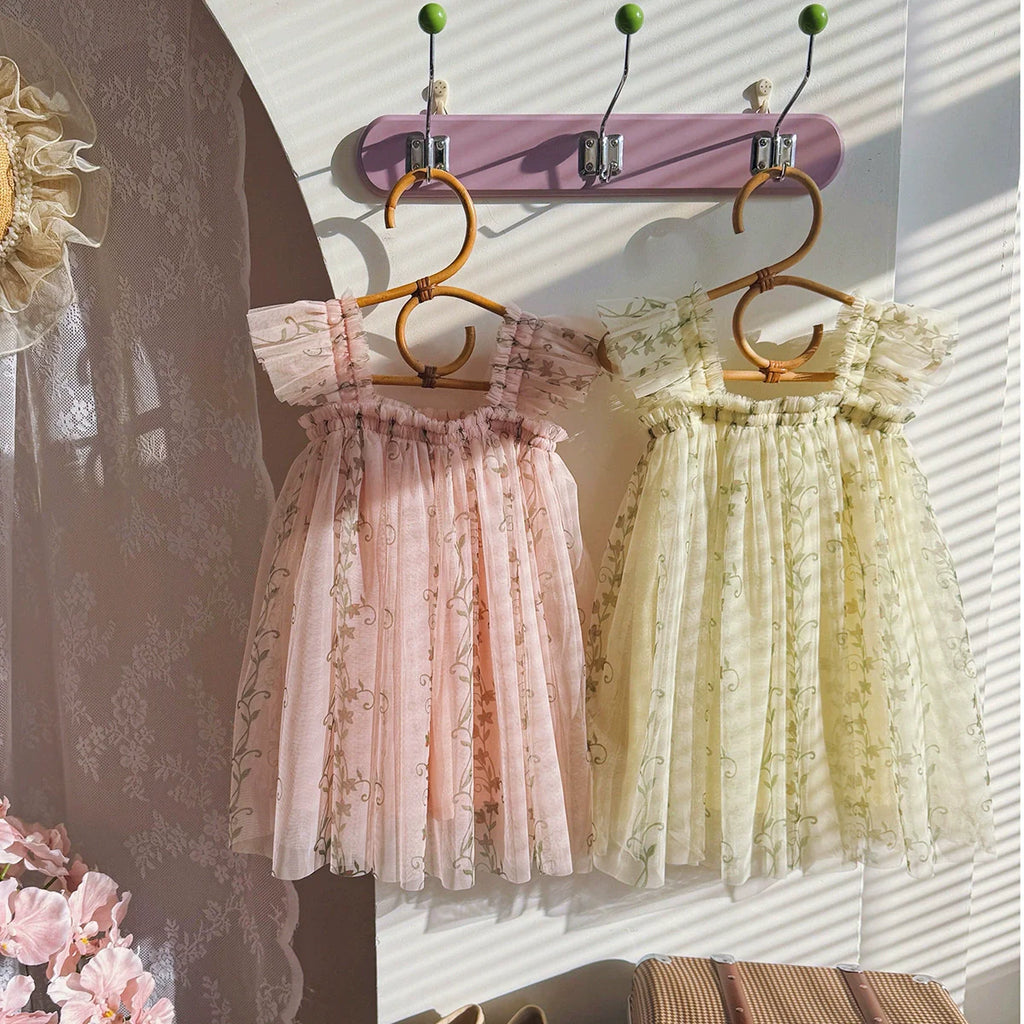 Summer Arrival Floral Pattern Fly Sleeves Tulle Dress for Stylish Girls-0