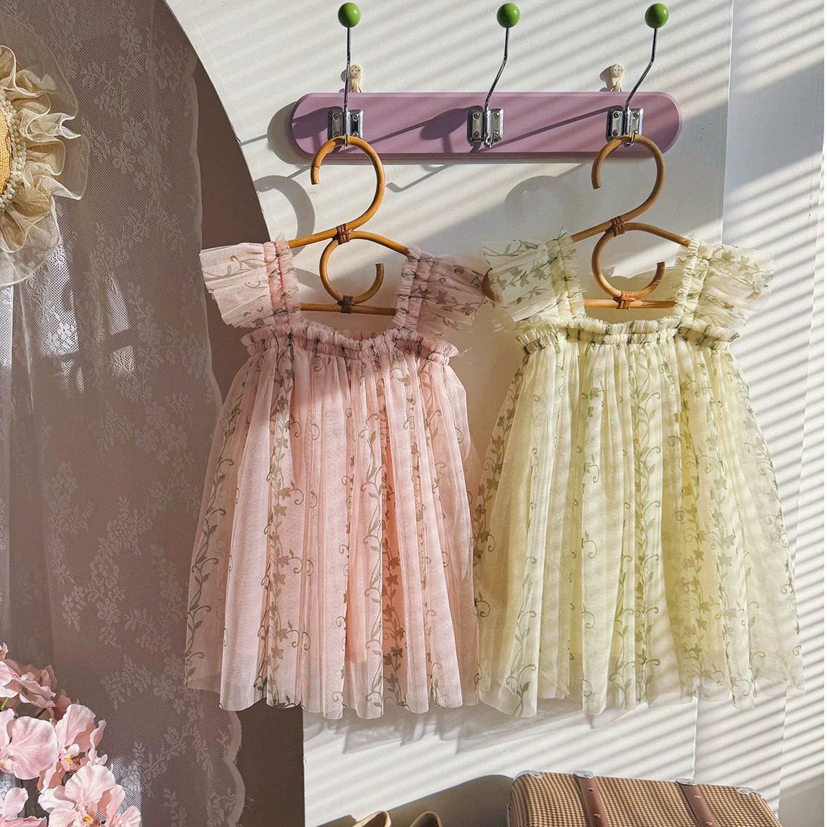 Summer Arrival Floral Pattern Fly Sleeves Tulle Dress for Stylish Girls-0