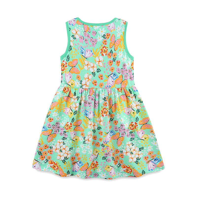 Summer Pure Cotton Flowers and Butterfly Pattern Sleeveless Dress for Stylish Girls-1