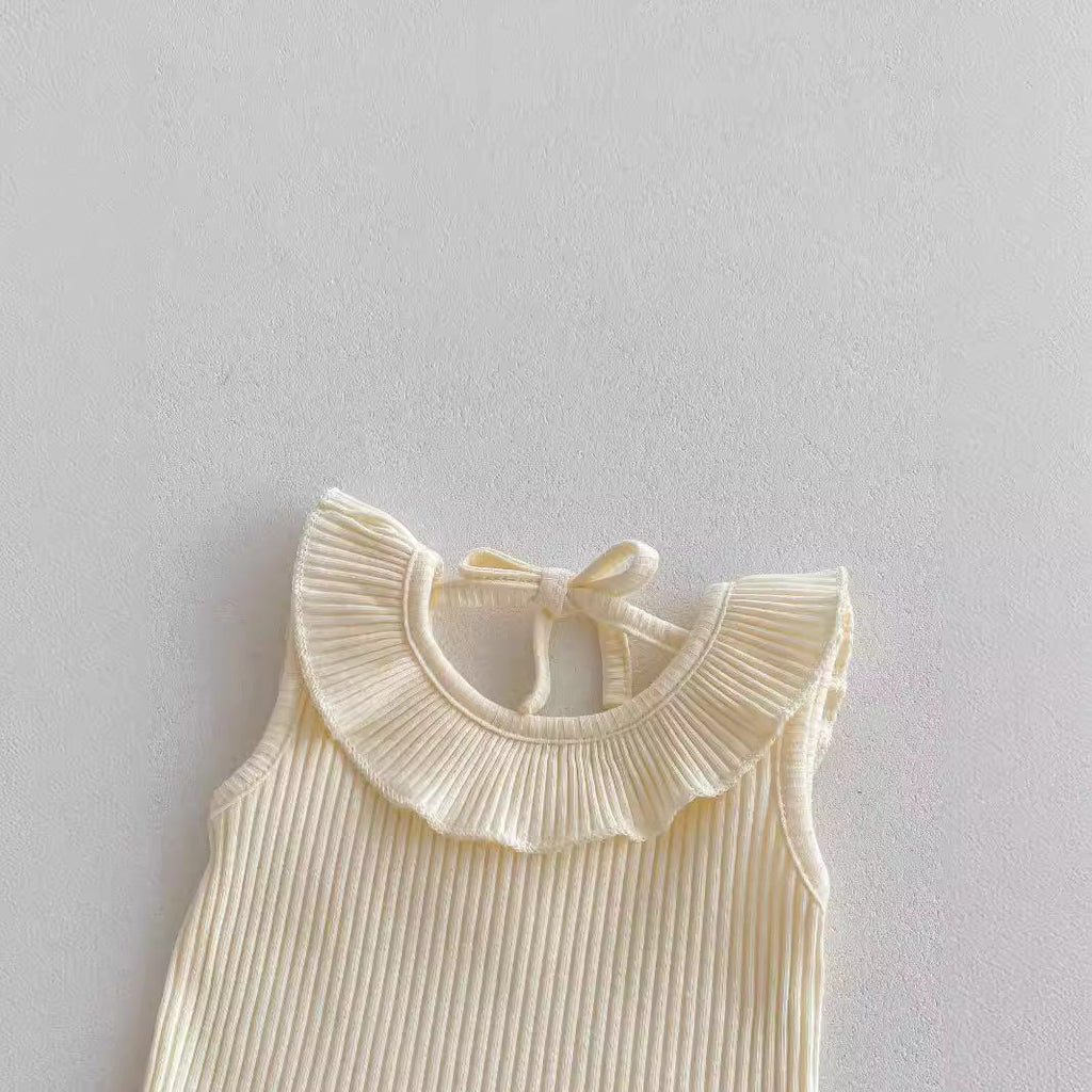 Summer Baby Kids Girls Solid Color Sleeveless Ruffle Collar Vest And Skirt Clothing Set-2