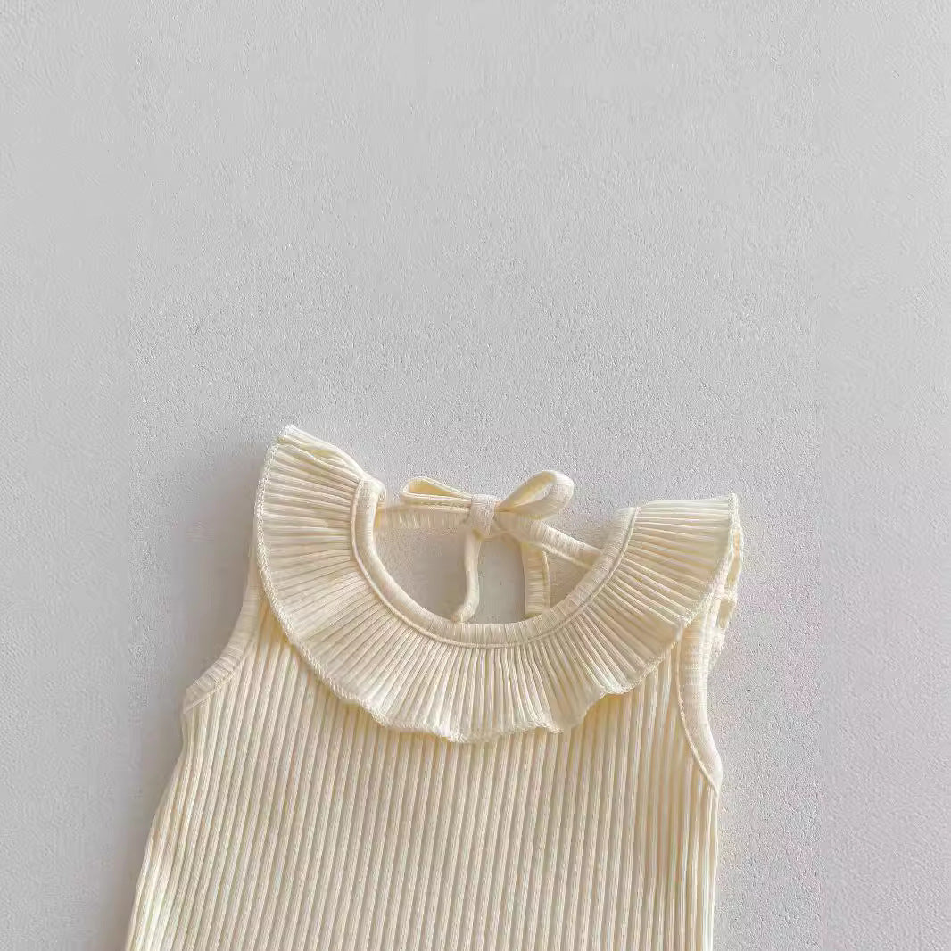 Summer Baby Kids Girls Solid Color Sleeveless Ruffle Collar Vest And Skirt Clothing Set-2