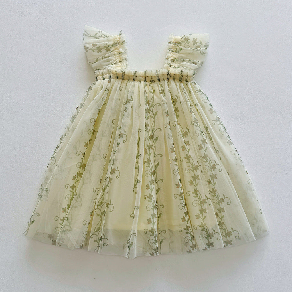 Summer Arrival Floral Pattern Fly Sleeves Tulle Dress for Stylish Girls-2