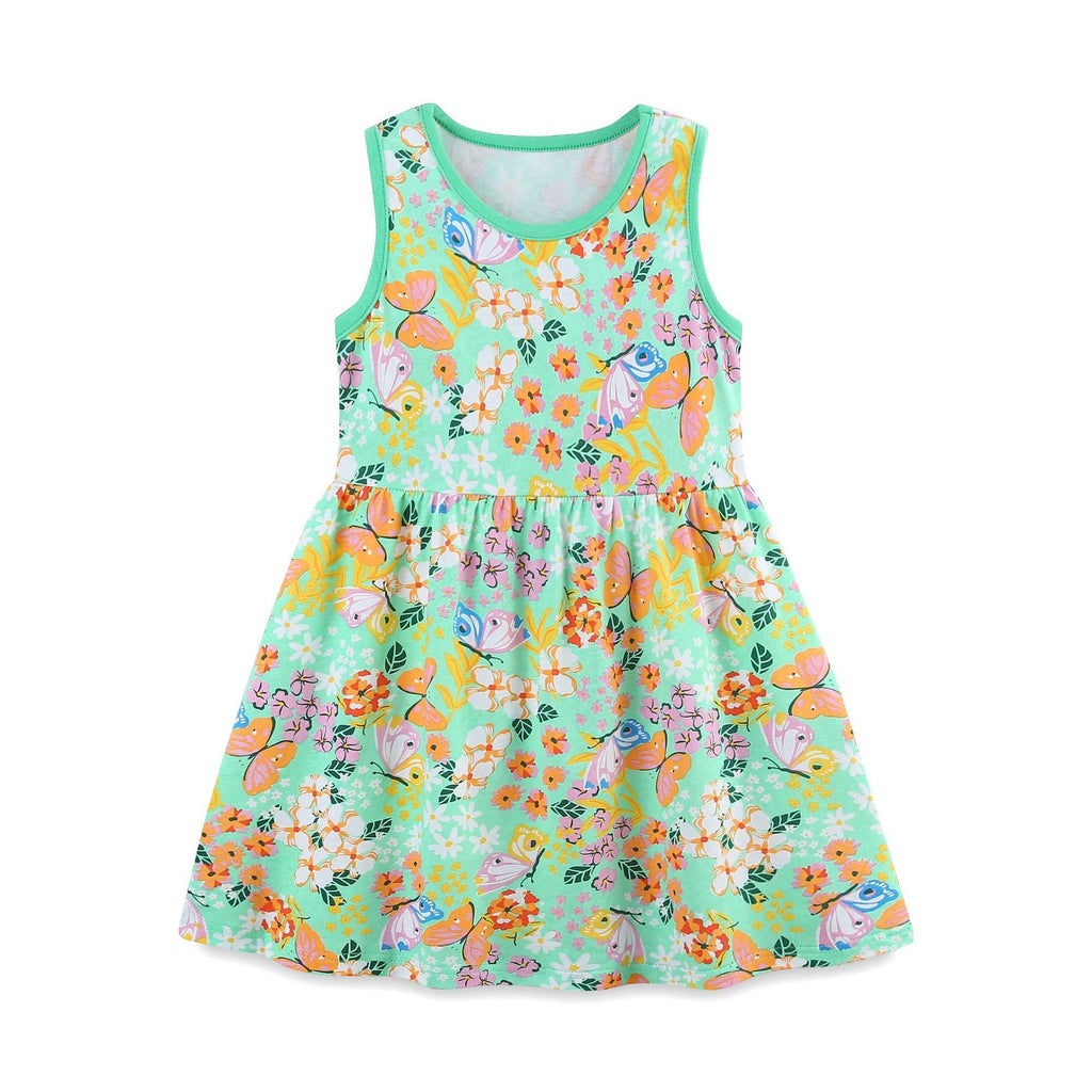 Summer Pure Cotton Flowers and Butterfly Pattern Sleeveless Dress for Stylish Girls-0