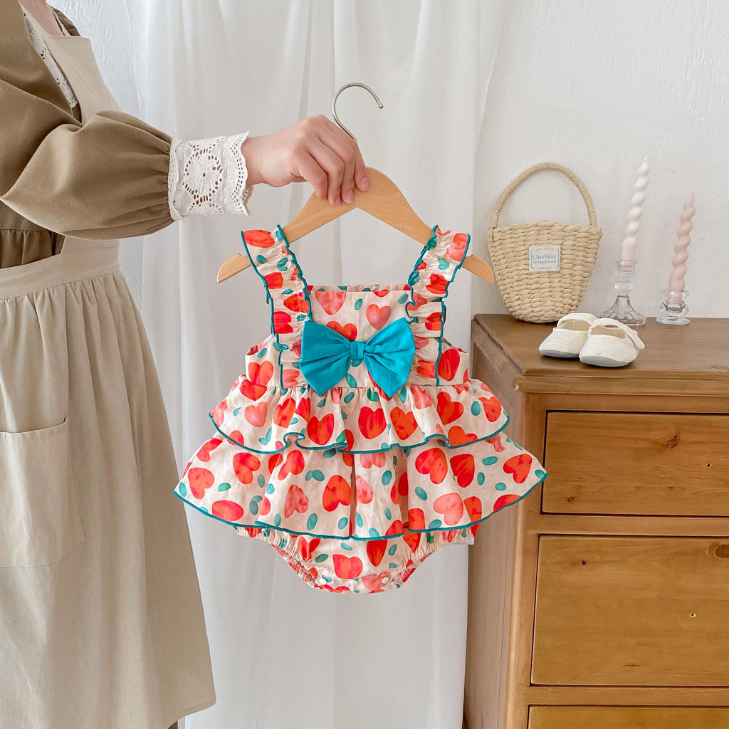 New Arrival Summer Baby Kids Girls Heart Pattern Sleeveless Big Bow Strap Onesies-4
